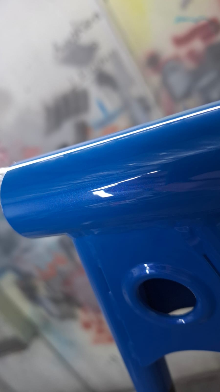 Close-up of the restored blue finish