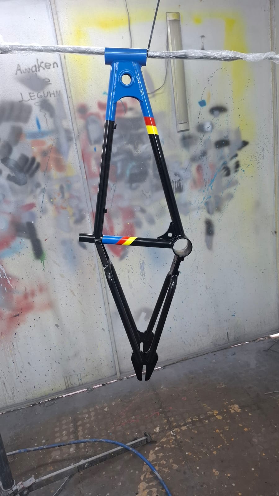 Restored Raleigh Comp III frame hanging during paintwork
